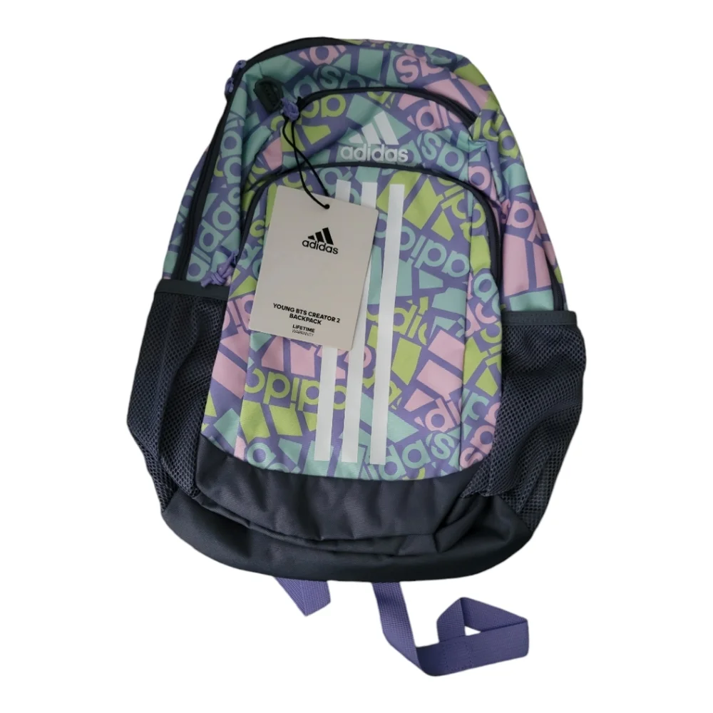 Adidas Young Creator 2 Backpack Kids Pastel Logo Print Purple Green Pink